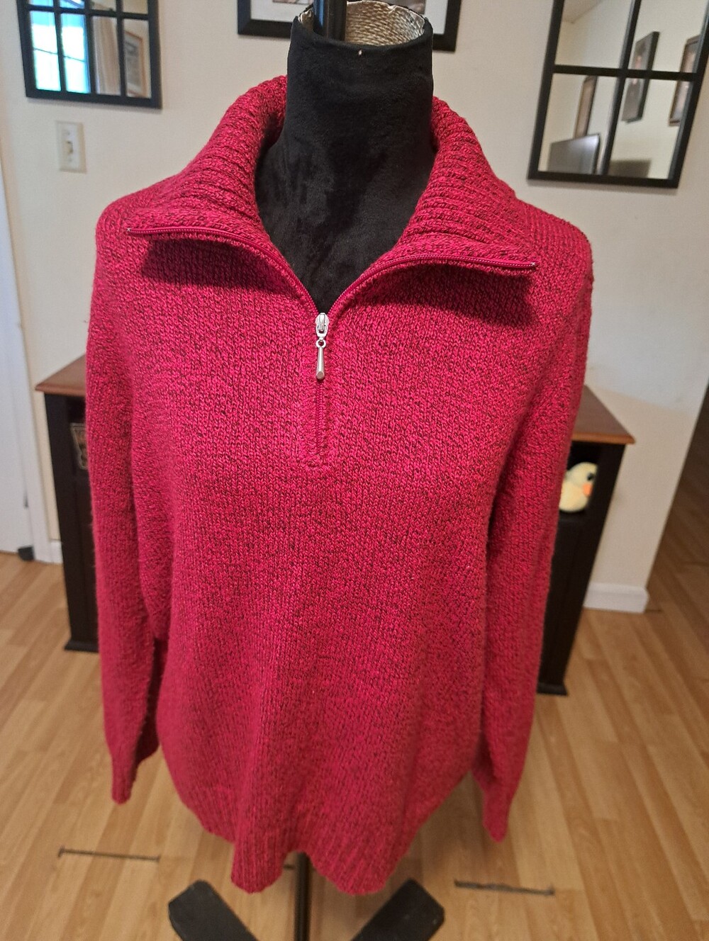 Rebecca Malone XL Red Black Heathered Marl Knit Quarter Zip Pullover Sweater Top